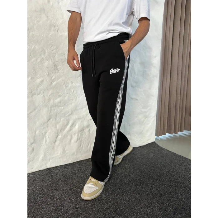 Siyah STWD Şeritli Unisex Oversize Eşofman