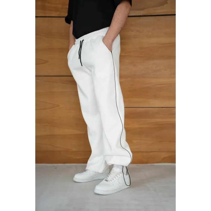 Beyaz Basic Biyeli Unisex Oversize Eşofman