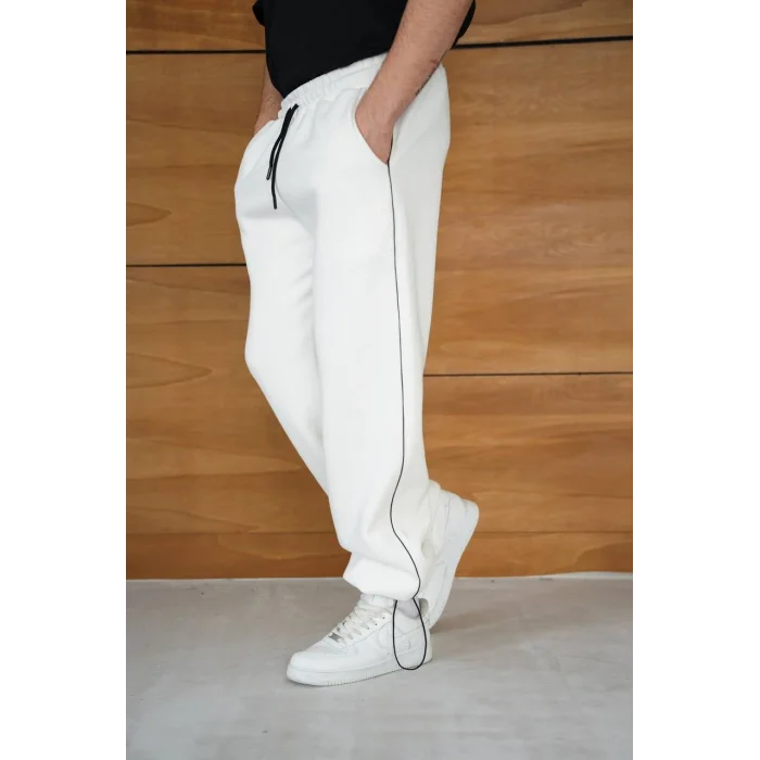 Beyaz Basic Biyeli Unisex Oversize Eşofman