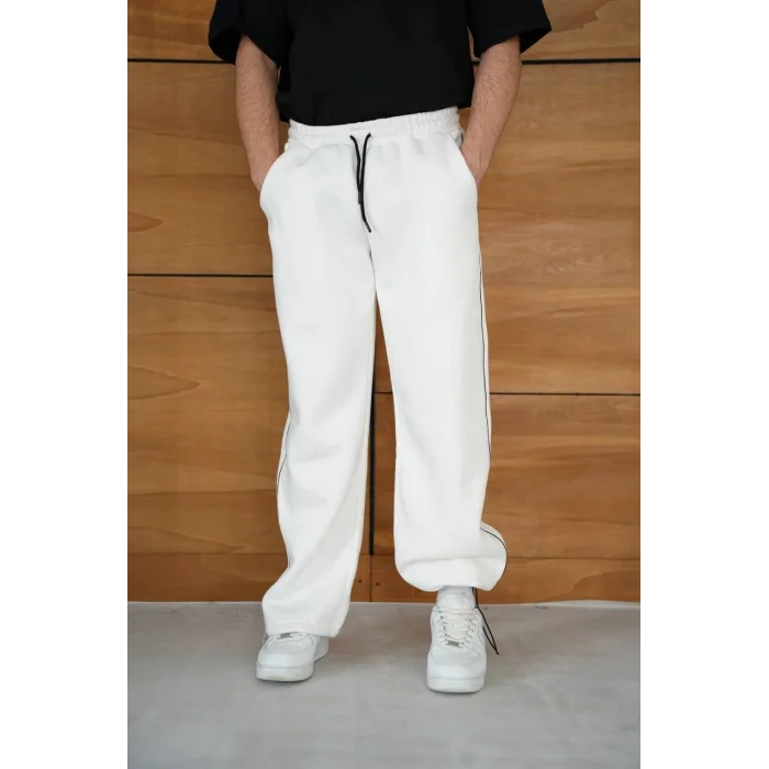 Beyaz Basic Biyeli Unisex Oversize Eşofman