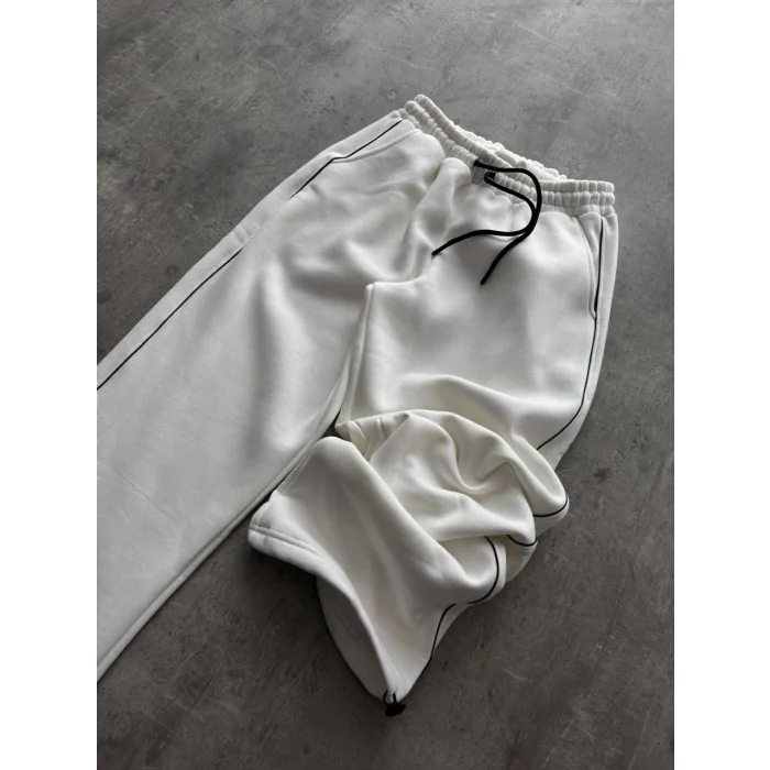 Beyaz Basic Biyeli Unisex Oversize Eşofman