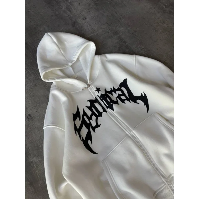 Beyaz Synical Kapşonlu Unisex Oversize Sweat