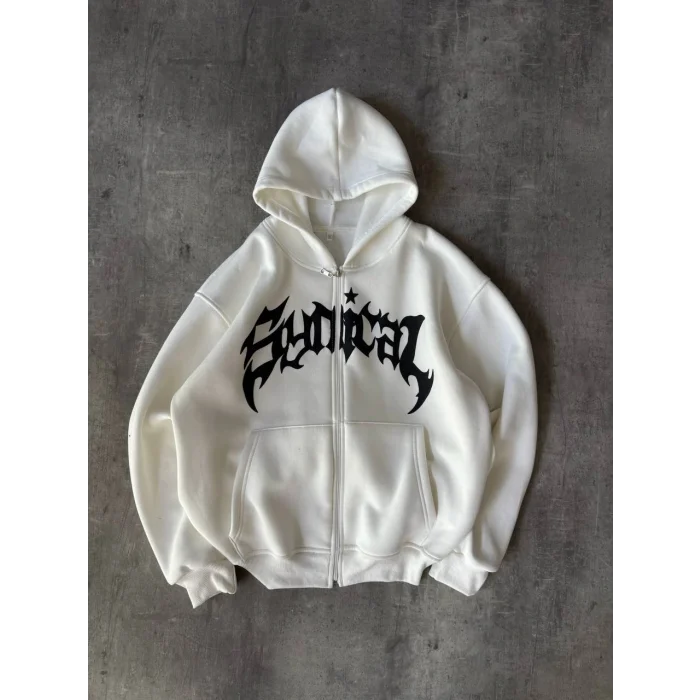 Beyaz Synical Kapşonlu Unisex Oversize Sweat
