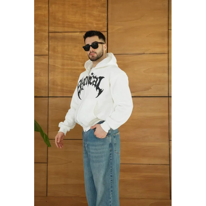 Beyaz Synical Kapşonlu Unisex Oversize Sweat