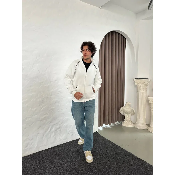 Beyaz Zig Zag Nakış Unisex Oversize Sweat