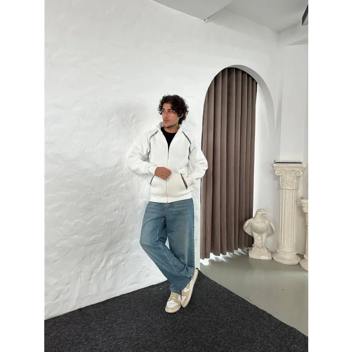 Beyaz Zig Zag Nakış Unisex Oversize Sweat