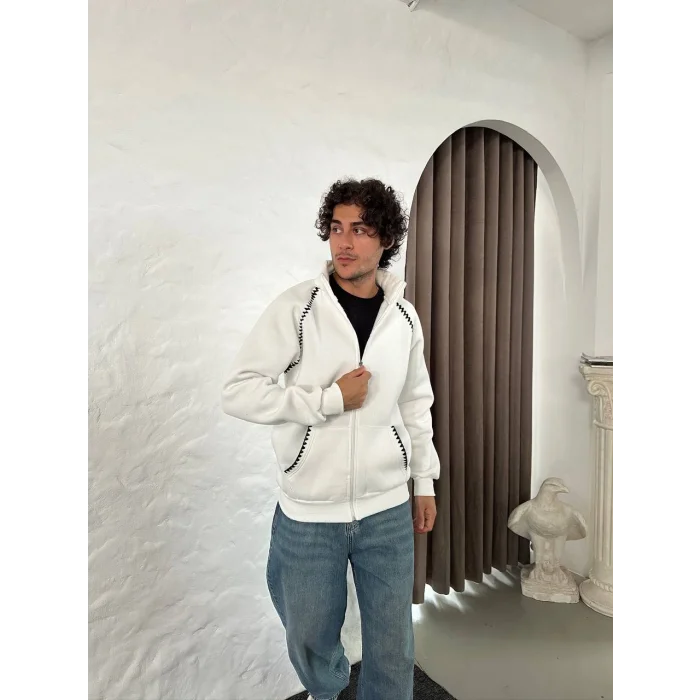 Beyaz Zig Zag Nakış Unisex Oversize Sweat