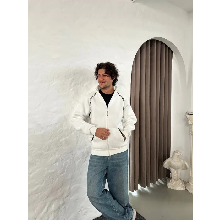 Beyaz Zig Zag Nakış Unisex Oversize Sweat