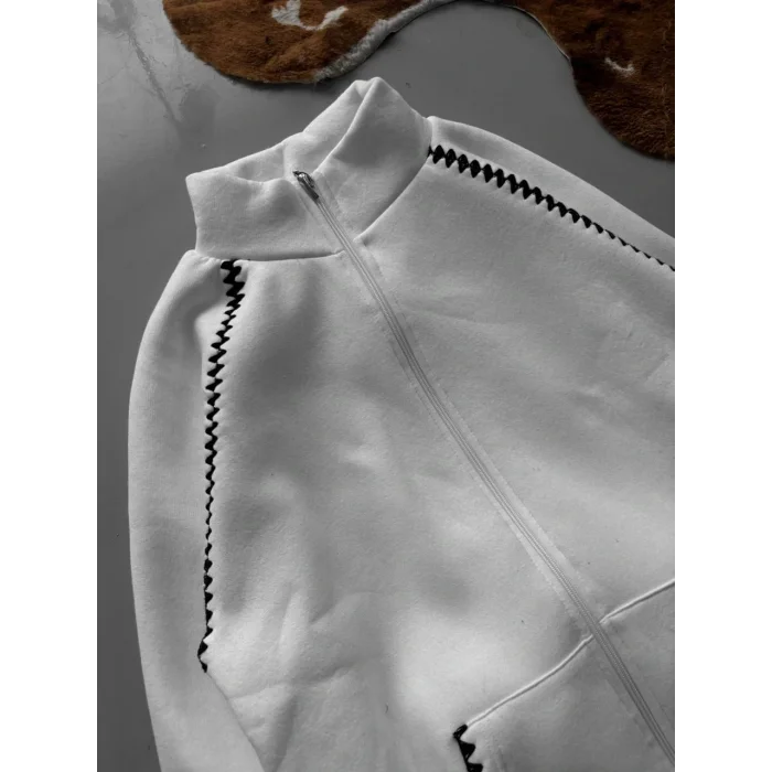 Beyaz Zig Zag Nakış Unisex Oversize Sweat