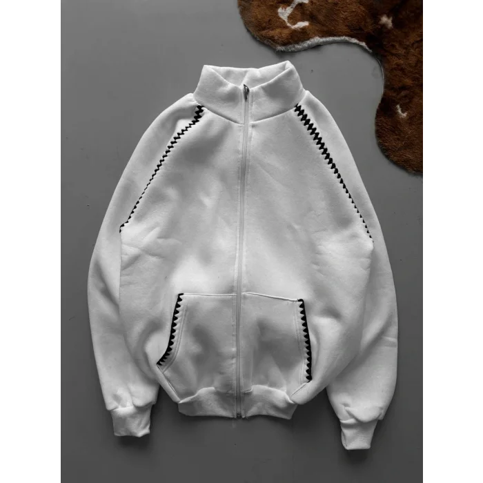 Beyaz Zig Zag Nakış Unisex Oversize Sweat