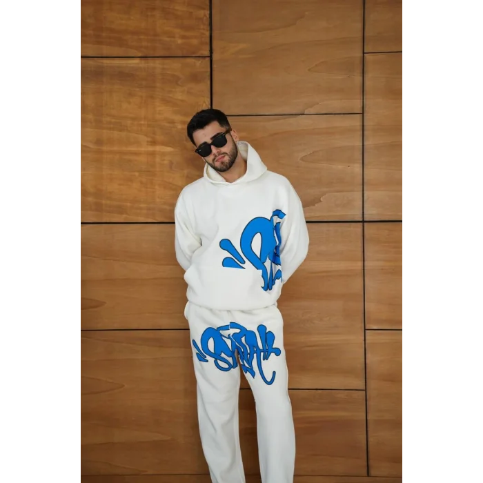 Beyaz Baskılı Kapşonlu Unisex Oversize Eşofman Takımı