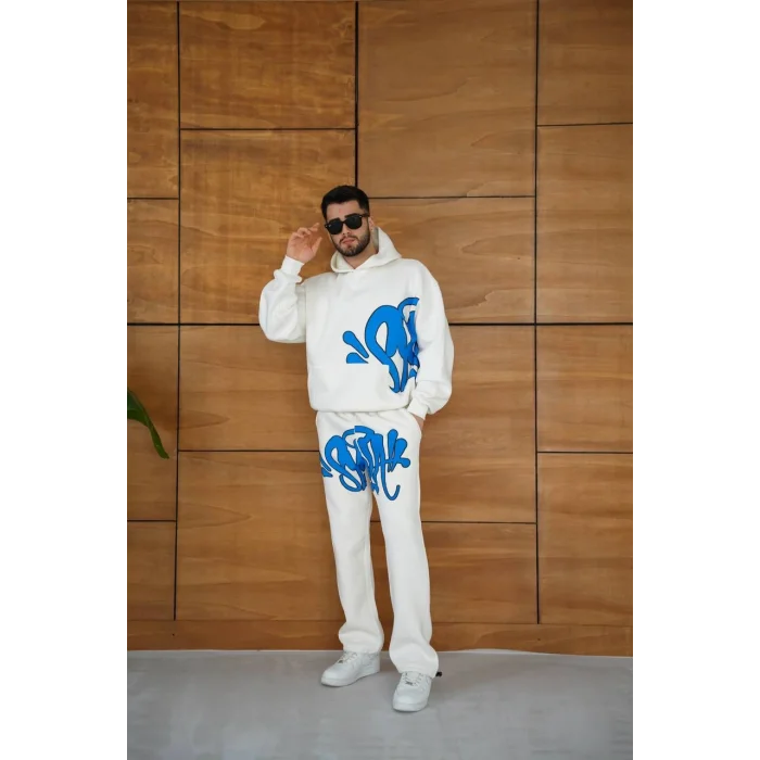 Beyaz Baskılı Kapşonlu Unisex Oversize Eşofman Takımı