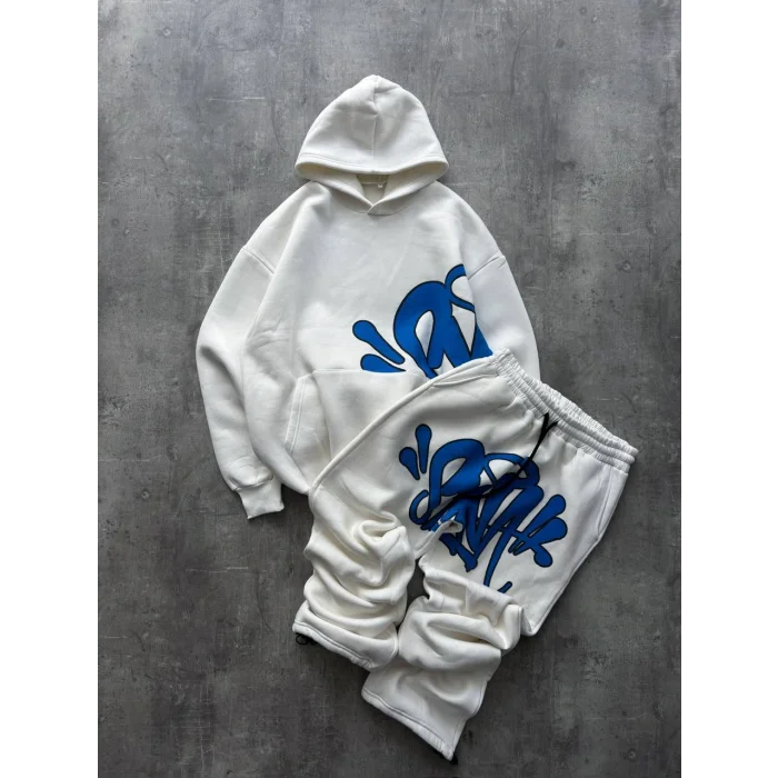 Beyaz Baskılı Kapşonlu Unisex Oversize Eşofman Takımı