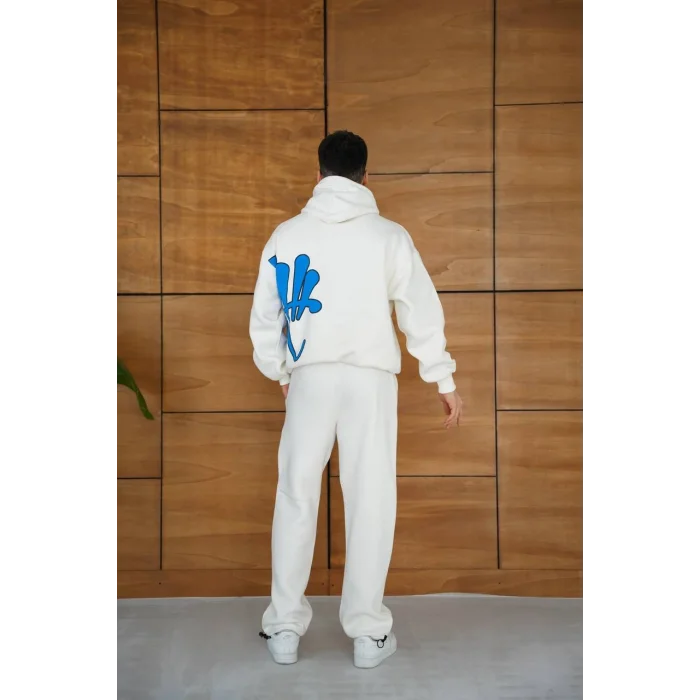 Beyaz Baskılı Kapşonlu Unisex Oversize Eşofman Takımı