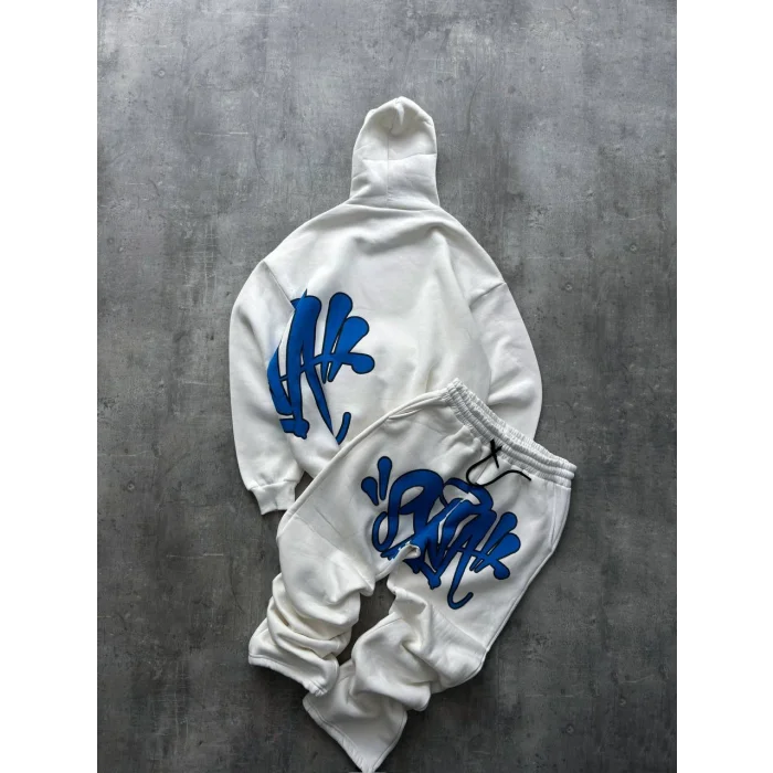 Beyaz Baskılı Kapşonlu Unisex Oversize Eşofman Takımı