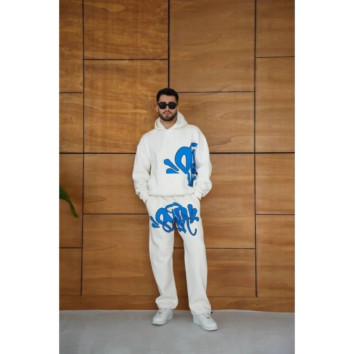 Beyaz Baskılı Kapşonlu Unisex Oversize Eşofman Takımı