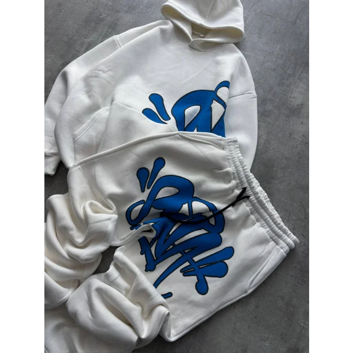 Beyaz Baskılı Kapşonlu Unisex Oversize Eşofman Takımı