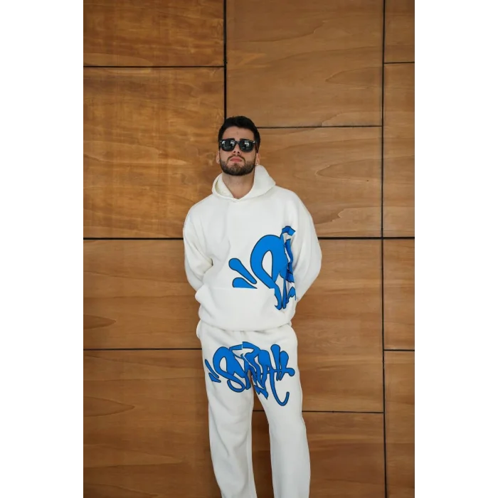 Beyaz Baskılı Kapşonlu Unisex Oversize Eşofman Takımı