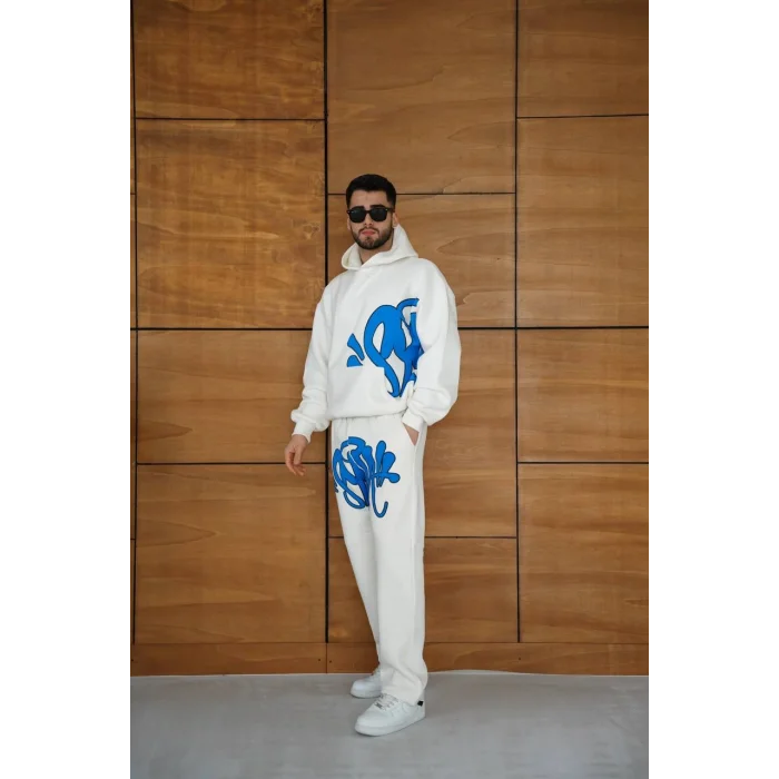Beyaz Baskılı Kapşonlu Unisex Oversize Eşofman Takımı