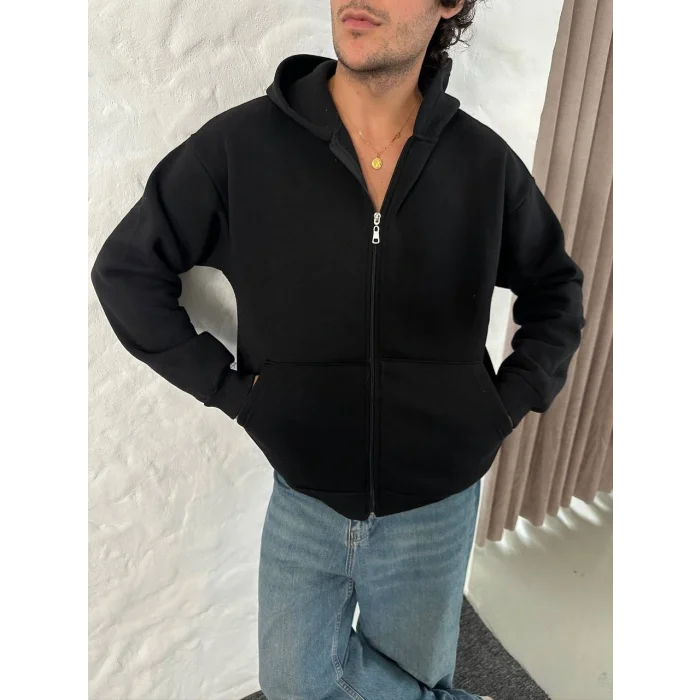 Siyah Basic Kapşonlu Unisex Oversize Sweat