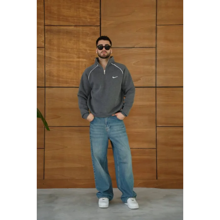 Antrasit NK Omuz Biyeli Fermuar Yaka Unisex Oversize Sweat