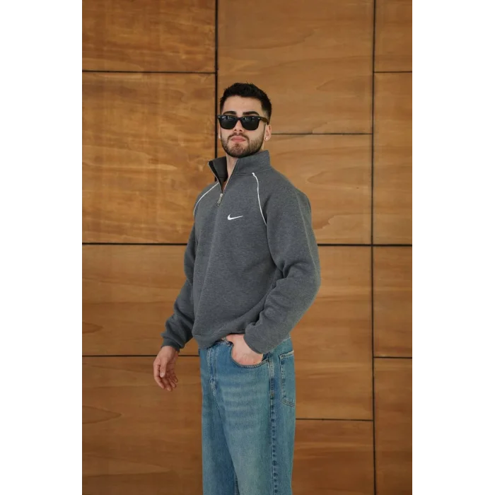 Antrasit NK Omuz Biyeli Fermuar Yaka Unisex Oversize Sweat