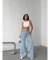 Buz Mavi Pink Taş Detaylı Yırtık Wide Leg Jean Pantolon