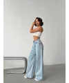 Buz Mavi Pink Taş Detaylı Yırtık Wide Leg Jean Pantolon