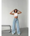 Buz Mavi Pink Taş Detaylı Yırtık Wide Leg Jean Pantolon