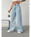 Buz Mavi Pink Taş Detaylı Yırtık Wide Leg Jean Pantolon