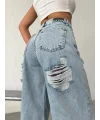 Buz Mavi Pink Taş Detaylı Yırtık Wide Leg Jean Pantolon