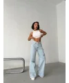 Açık Mavi Yırtık Detaylı Wide Leg Jean Pantolon