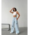 Açık Mavi Yırtık Detaylı Wide Leg Jean Pantolon