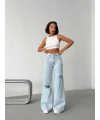 Açık Mavi Yırtık Detaylı Wide Leg Jean Pantolon