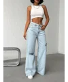 Açık Mavi Yırtık Detaylı Wide Leg Jean Pantolon