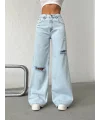 Açık Mavi Yırtık Detaylı Wide Leg Jean Pantolon