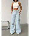 Açık Mavi Yırtık Detaylı Wide Leg Jean Pantolon