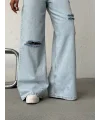 Açık Mavi Yırtık Detaylı Wide Leg Jean Pantolon