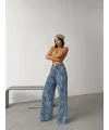 Açık Mavi Yıkamalı Desenli Wide Leg Jean Pantolon