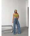 Açık Mavi Yıkamalı Desenli Wide Leg Jean Pantolon