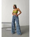 Açık Mavi Yıkamalı Desenli Wide Leg Jean Pantolon