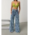 Açık Mavi Yıkamalı Desenli Wide Leg Jean Pantolon