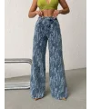 Açık Mavi Yıkamalı Desenli Wide Leg Jean Pantolon