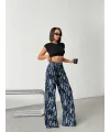 Mavi Yıkamalı Desenli Wide Leg Jean Pantolon