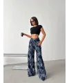 Mavi Yıkamalı Desenli Wide Leg Jean Pantolon