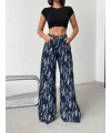 Mavi Yıkamalı Desenli Wide Leg Jean Pantolon