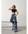 Mavi Yıkamalı Desenli Wide Leg Jean Pantolon