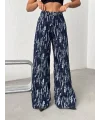 Mavi Yıkamalı Desenli Wide Leg Jean Pantolon