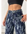 Mavi Yıkamalı Desenli Wide Leg Jean Pantolon