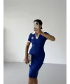 Mavi Alo Yakalı Likralı Elbise